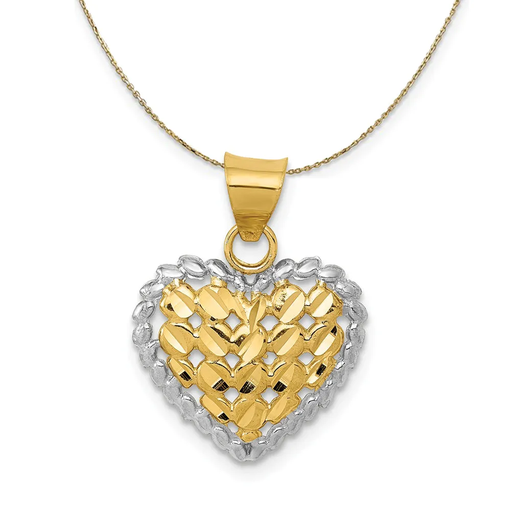 14k Yellow Gold and Rhodium Diamond Cut Heart Necklace