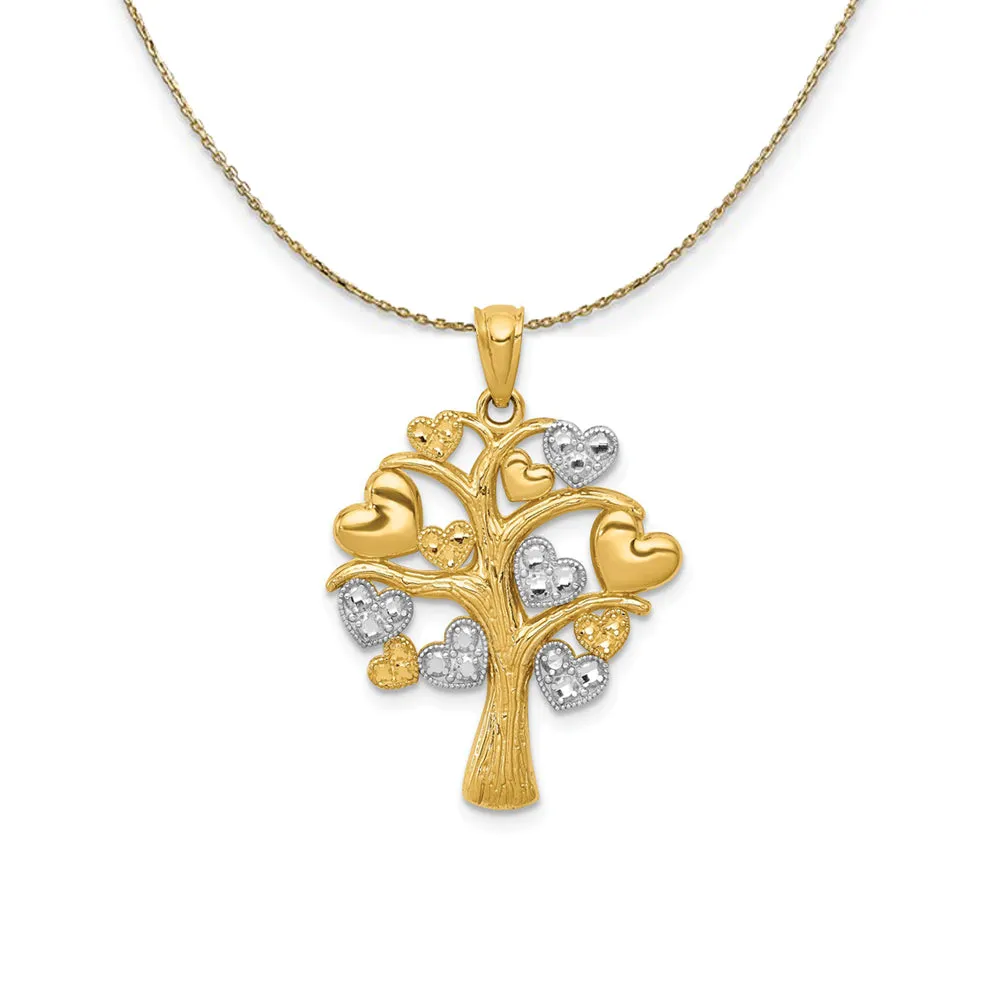 14k Yellow Gold and Rhodium Tree of Life Hearts Necklace