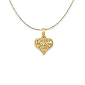 14k Yellow Gold Diamond Cut Puffed Heart (10mm) Necklace