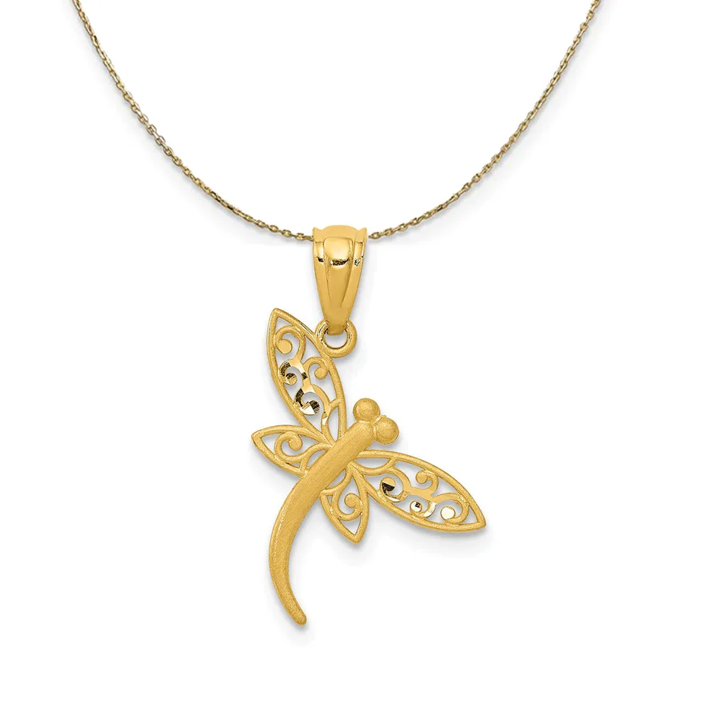 14k Yellow Gold Flat Filigree Dragonfly Necklace