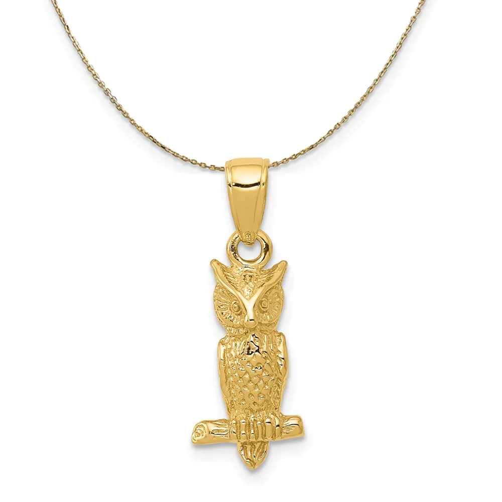 14k Yellow Gold Small 3D Owl Necklace