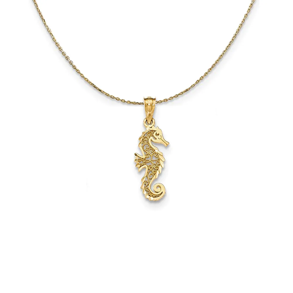 14k Yellow Gold Small Filigree Seahorse (24mm) Necklace