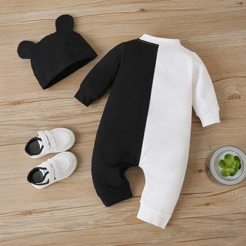 2 Pcs Cotton Panda  Patchwork Romper+ Hat