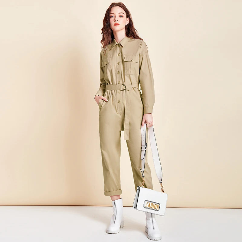 Ashore Shop New Women Jumpsuit 100% Cotton Fashion High Waist Button Jumpsuit with Belt