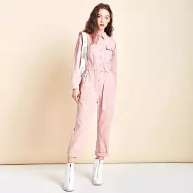 Ashore Shop New Women Jumpsuit 100% Cotton Fashion High Waist Button Jumpsuit with Belt