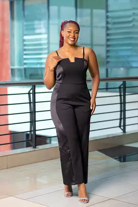 Black satin strappy jumpsuit