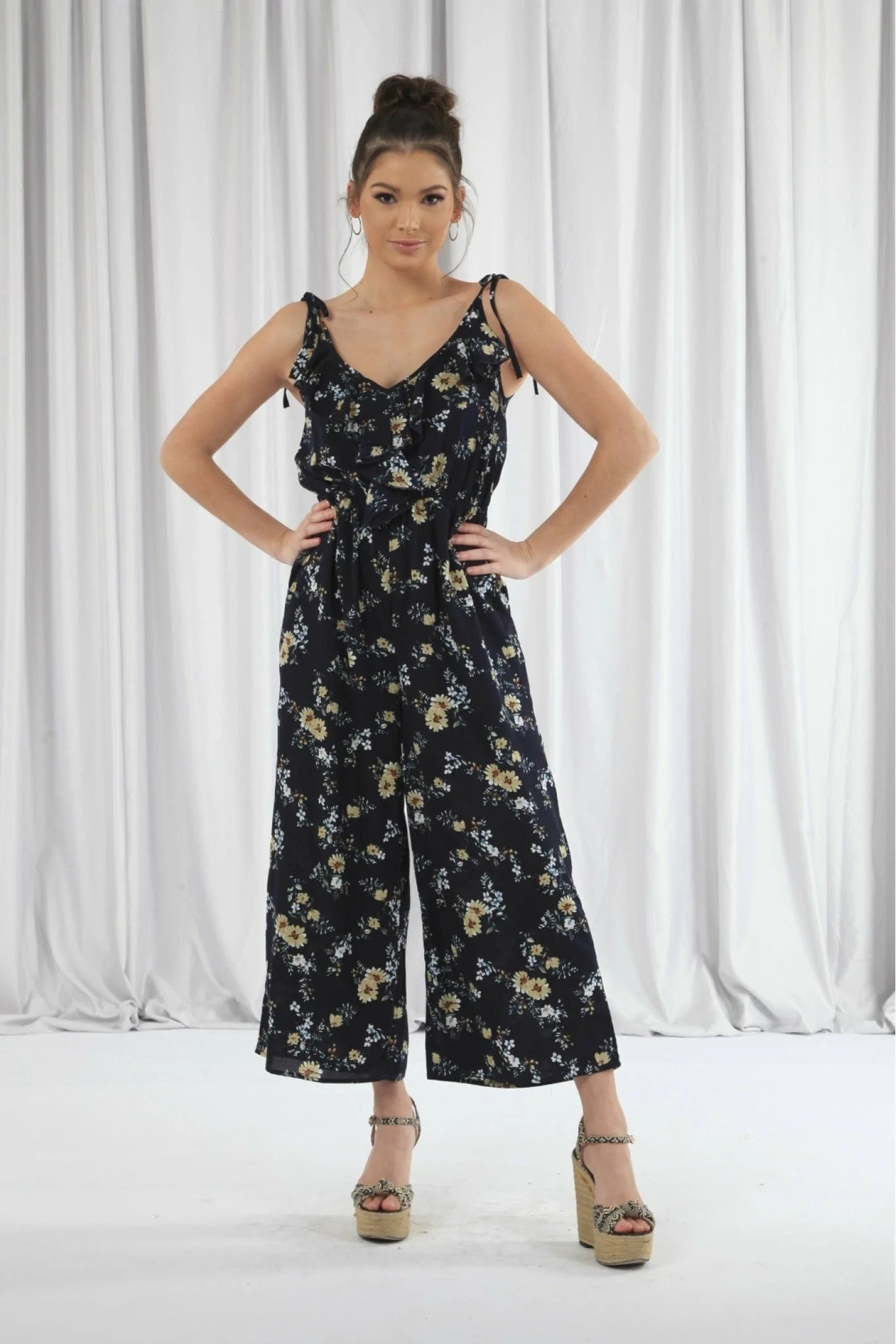 Double Second Navy Wide Leg Jumpsuit With Frill Front