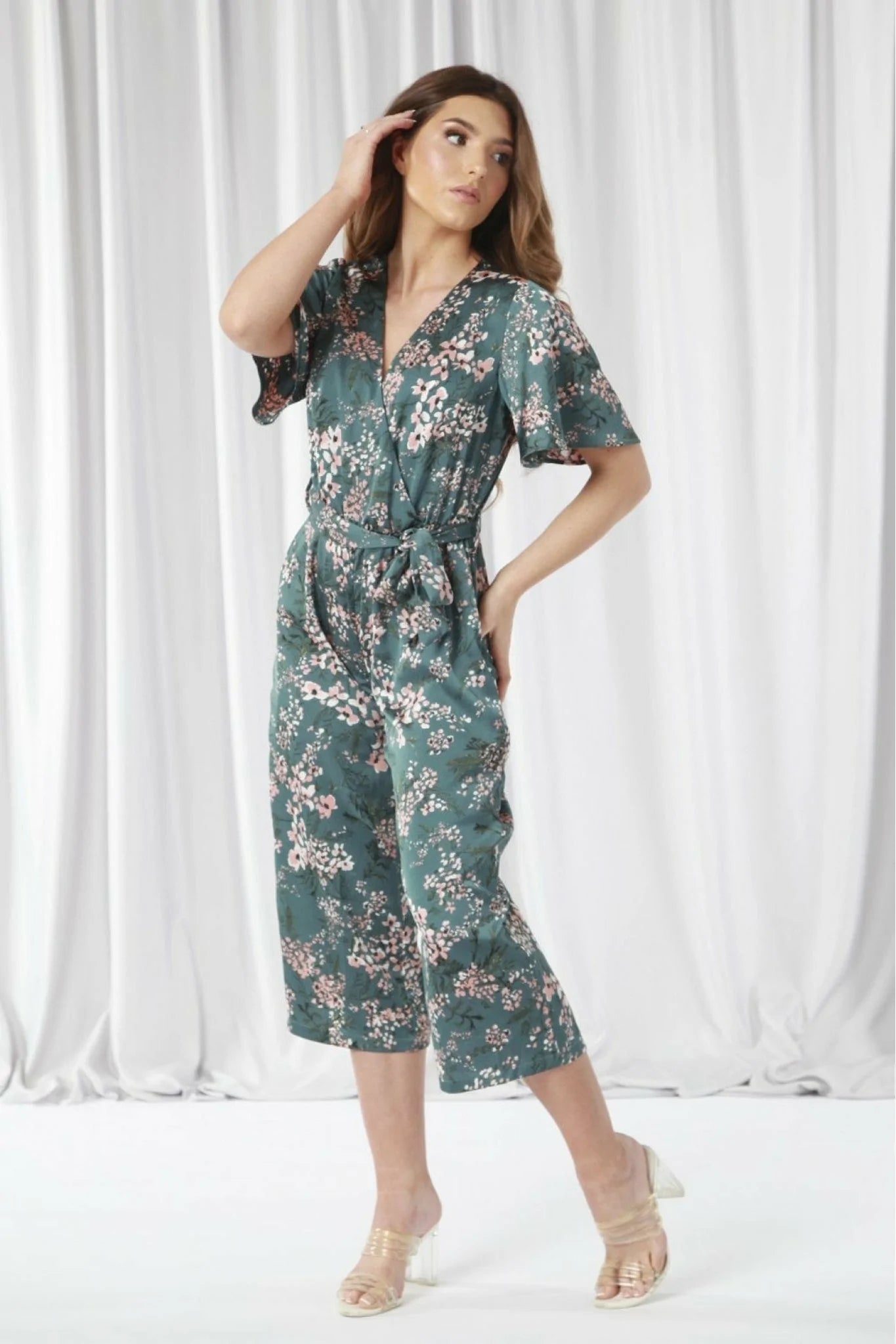 Double Second Printed Wrap Front Satin Jumpsuit