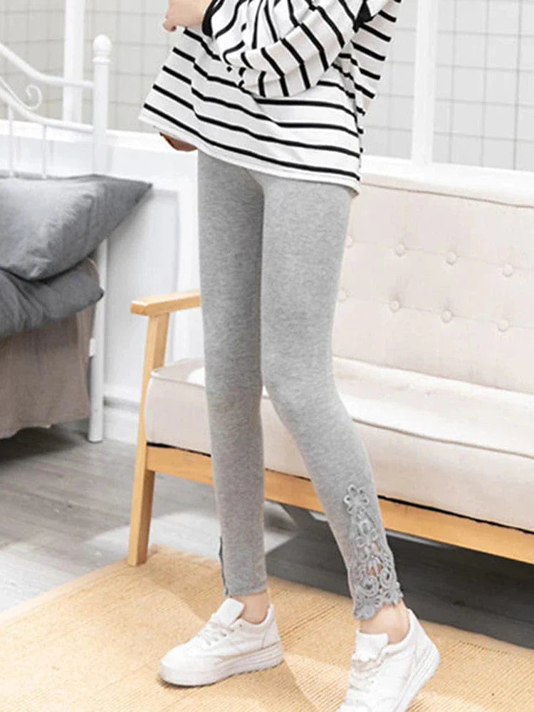 Fashionable High-Waisted Lace Detail Women's Leggings in Black, White, and Grey Sizes L-4XL