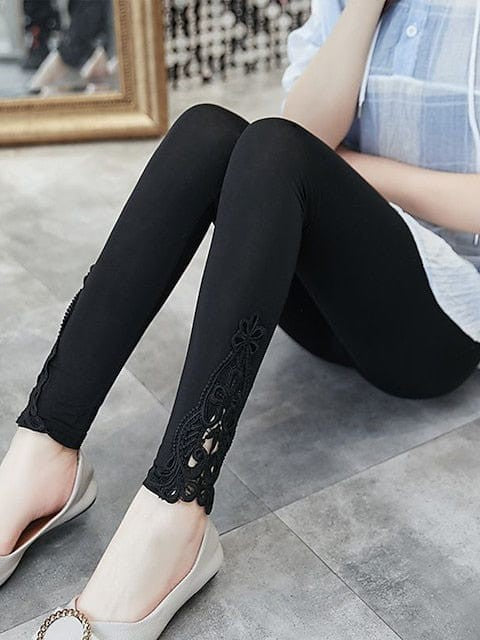 Fashionable High-Waisted Lace Detail Women's Leggings in Black, White, and Grey Sizes L-4XL