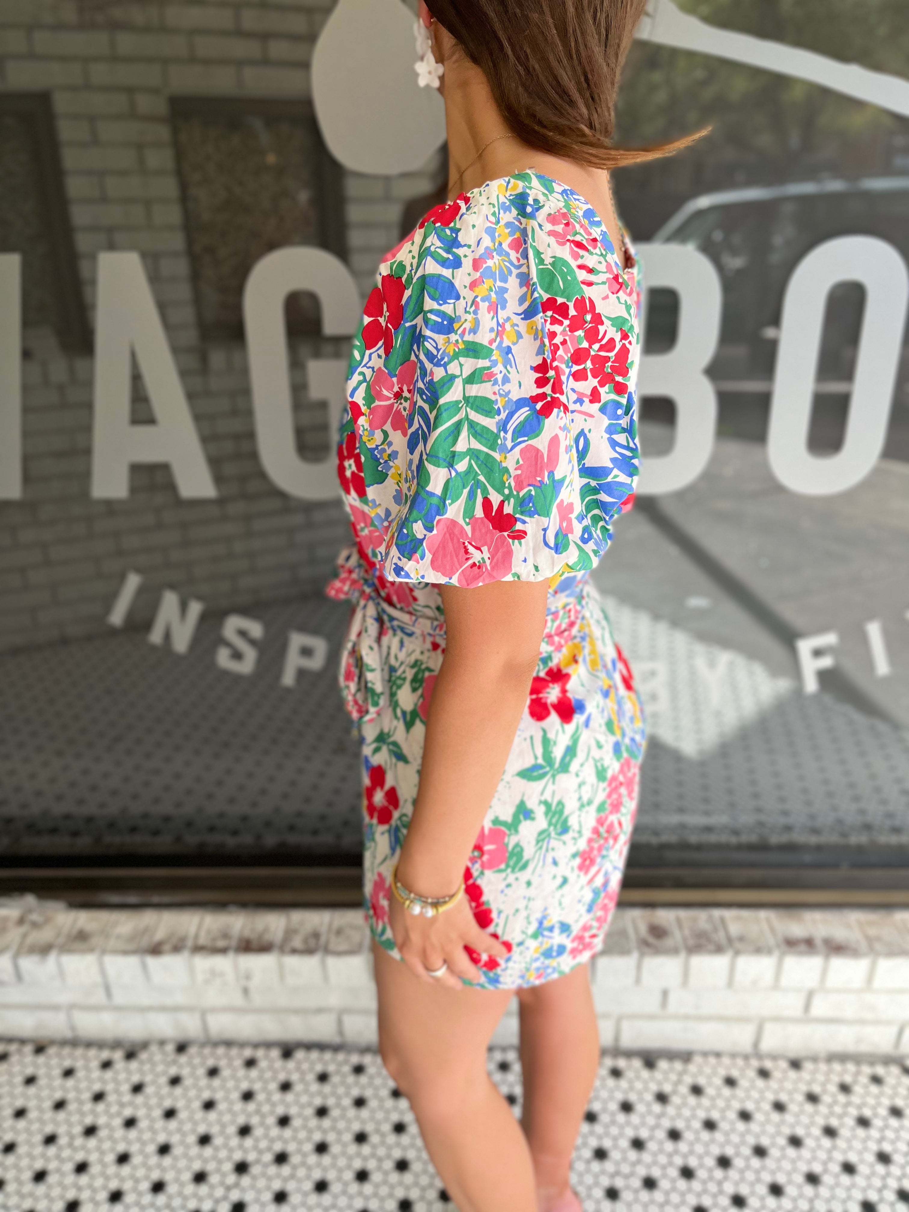 Floral Print Puff Sleeve Romper - Off White