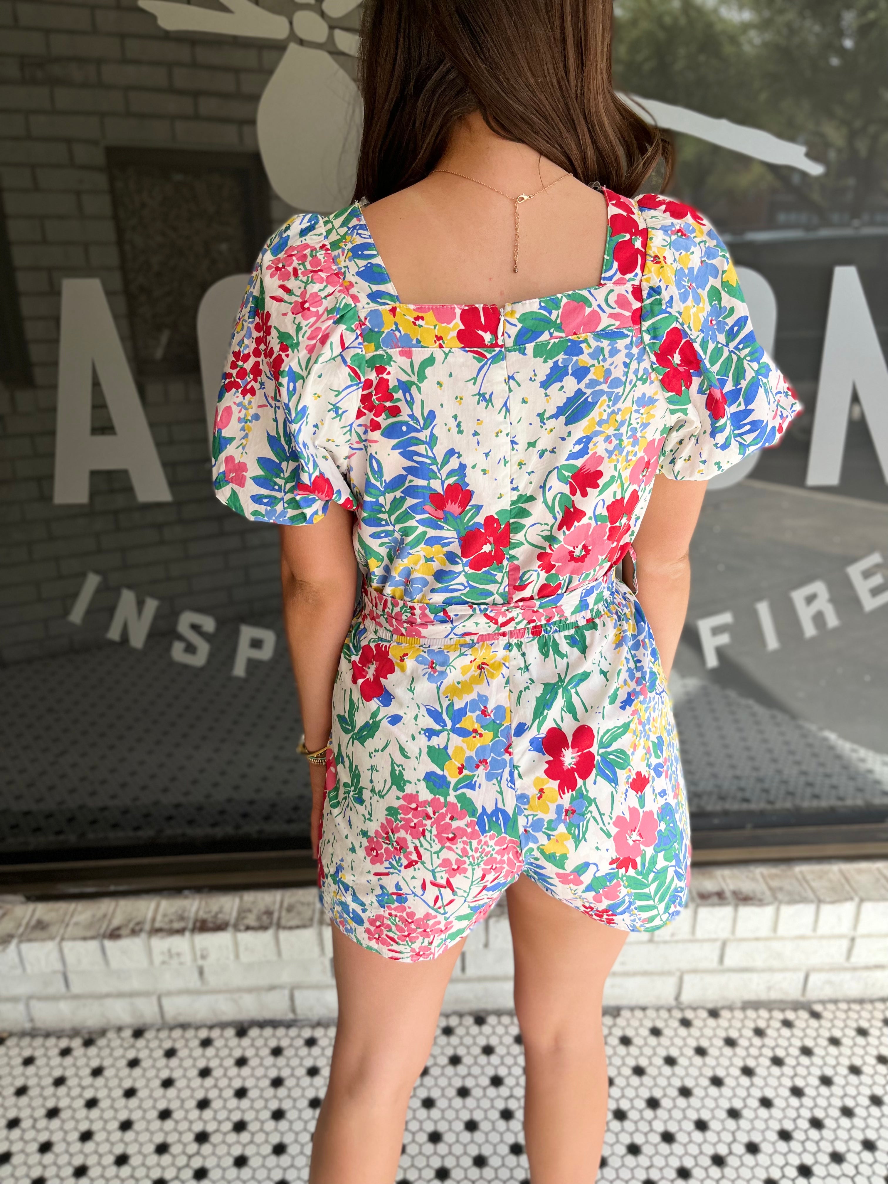 Floral Print Puff Sleeve Romper - Off White