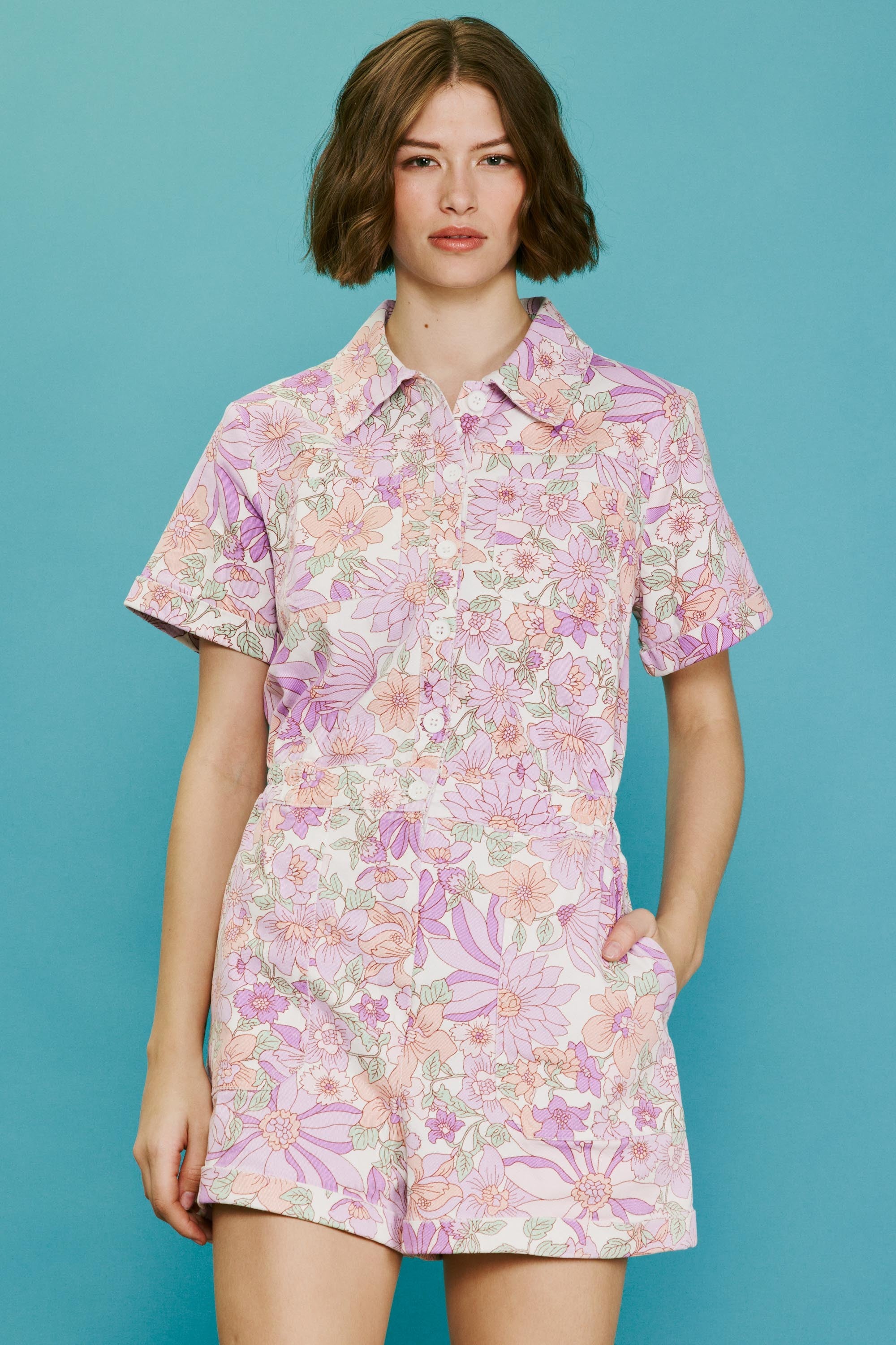 FLORAL PRINT SHORT SLEEVE ROMPER- LAVENDER