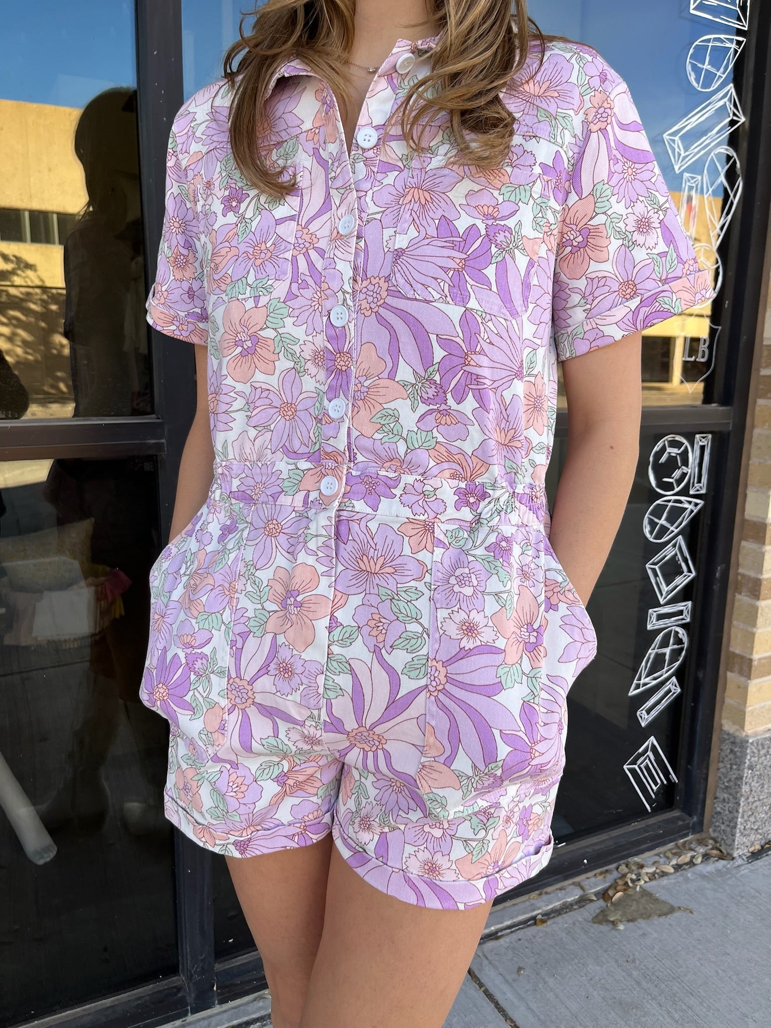 FLORAL PRINT SHORT SLEEVE ROMPER- LAVENDER