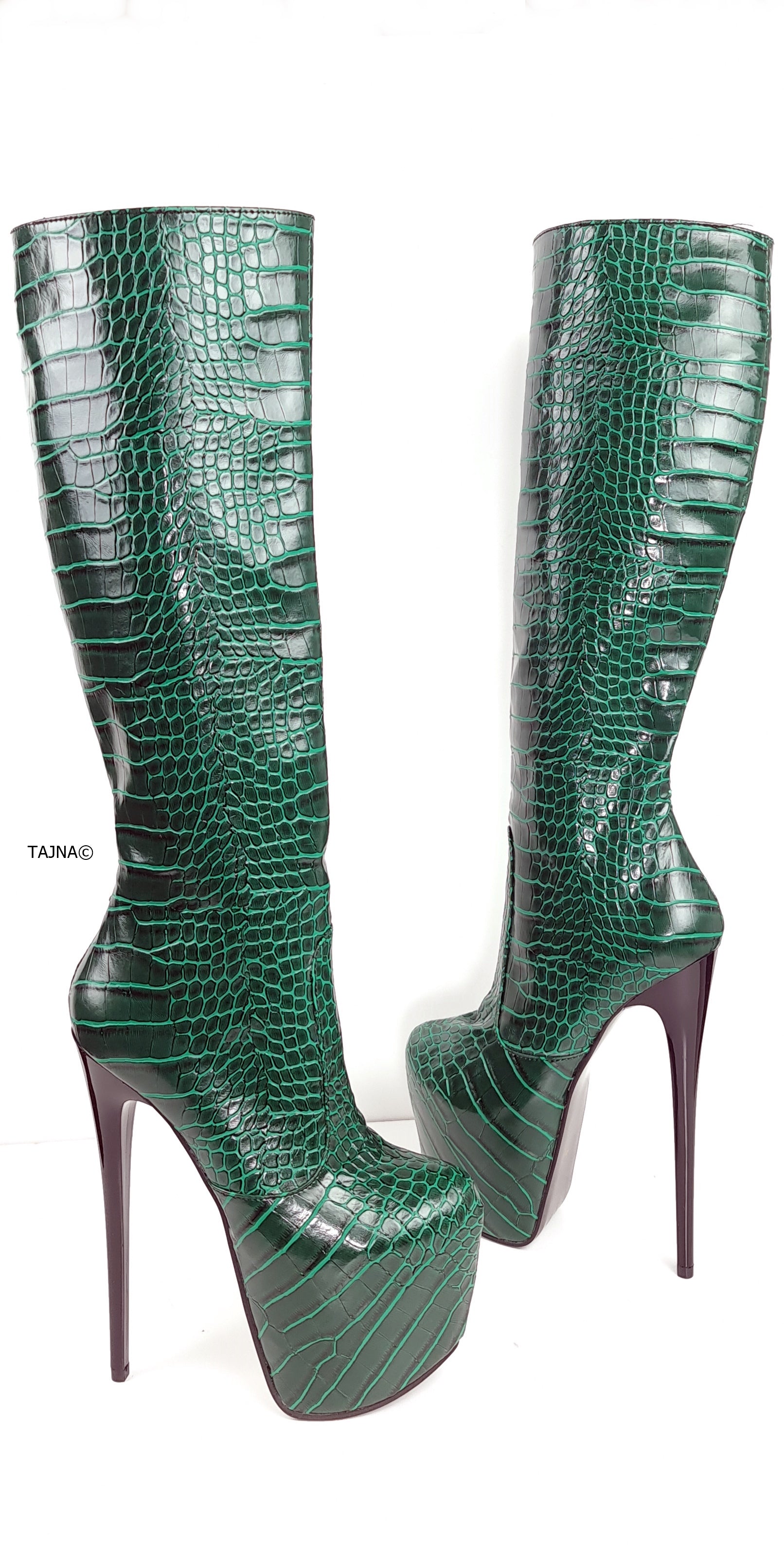 Green Croco Mid Calf High Heel Boots