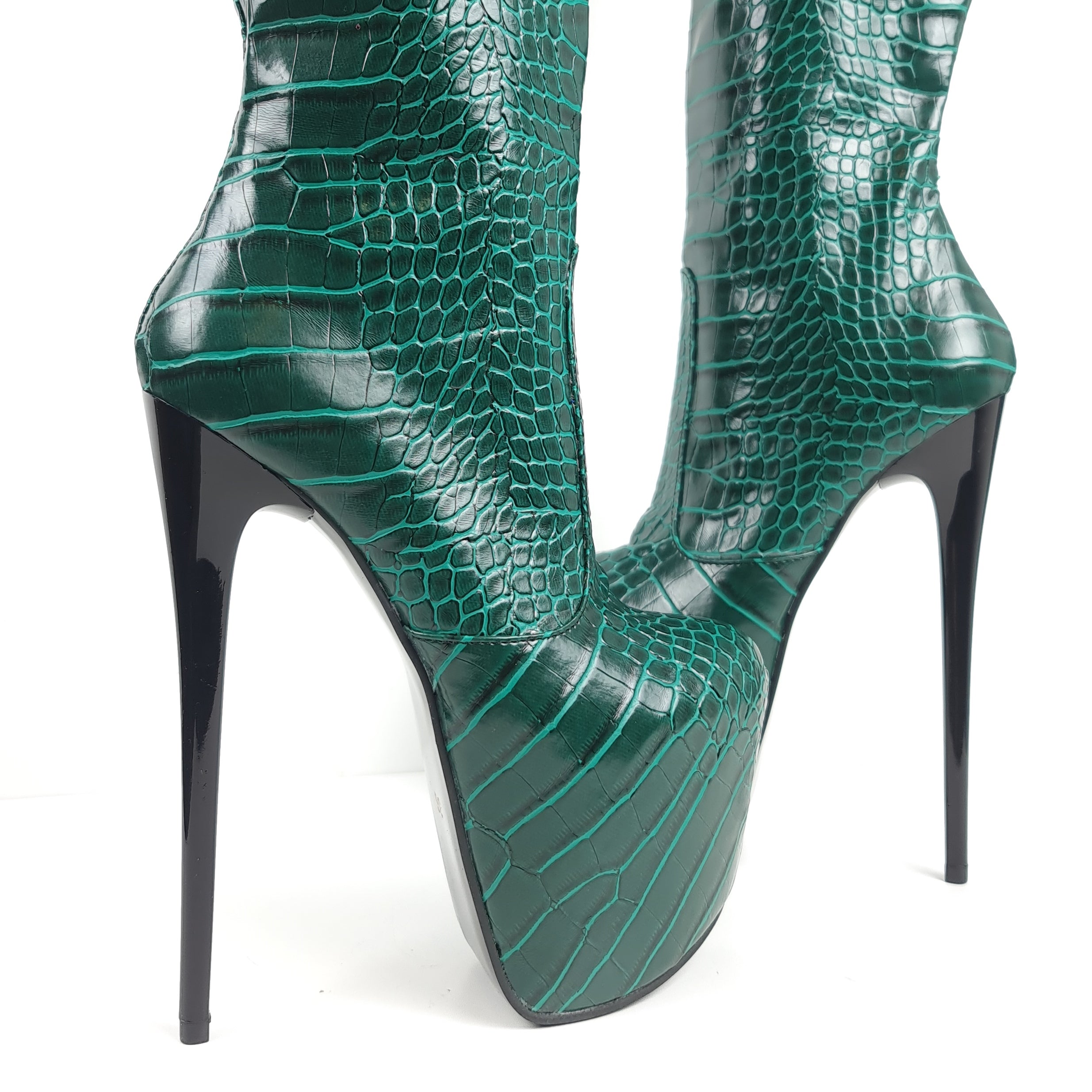 Green Croco Mid Calf High Heel Boots