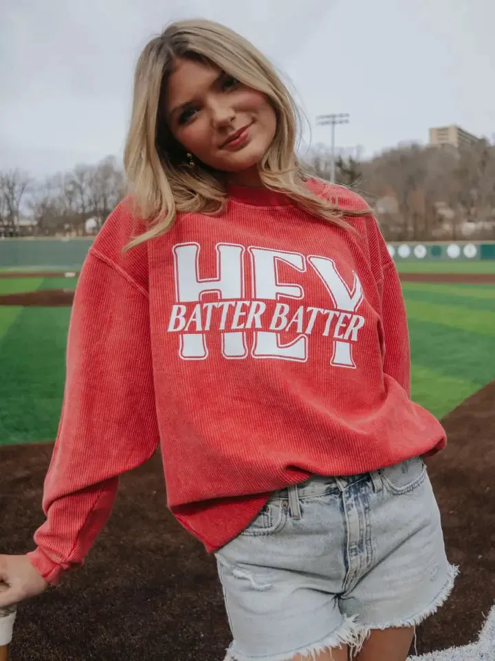 HEY BATTER BATTER CORDED CREWNECK | RED