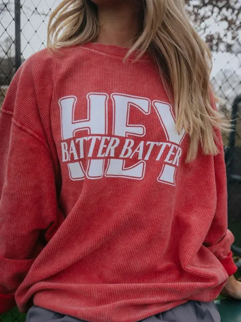 HEY BATTER BATTER CORDED CREWNECK | RED