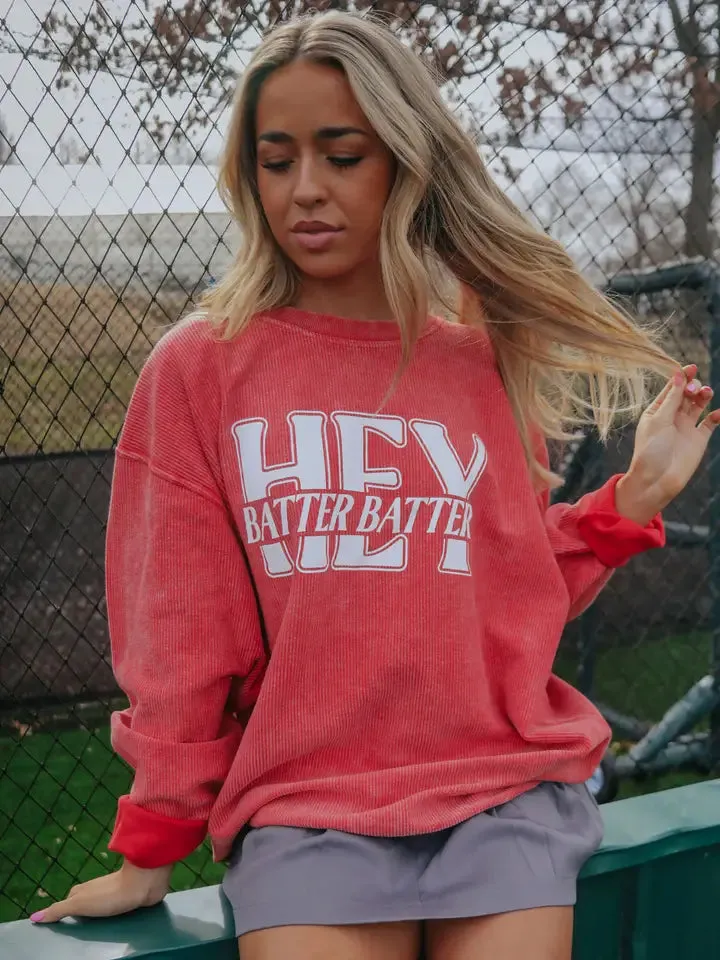 HEY BATTER BATTER CORDED CREWNECK | RED