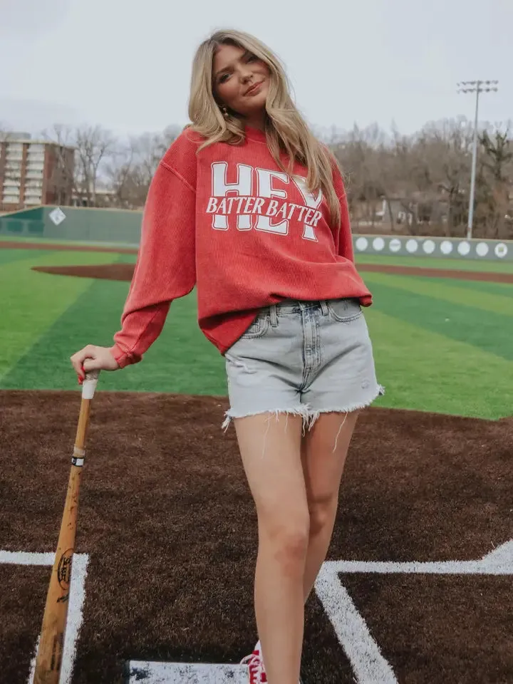 HEY BATTER BATTER CORDED CREWNECK | RED