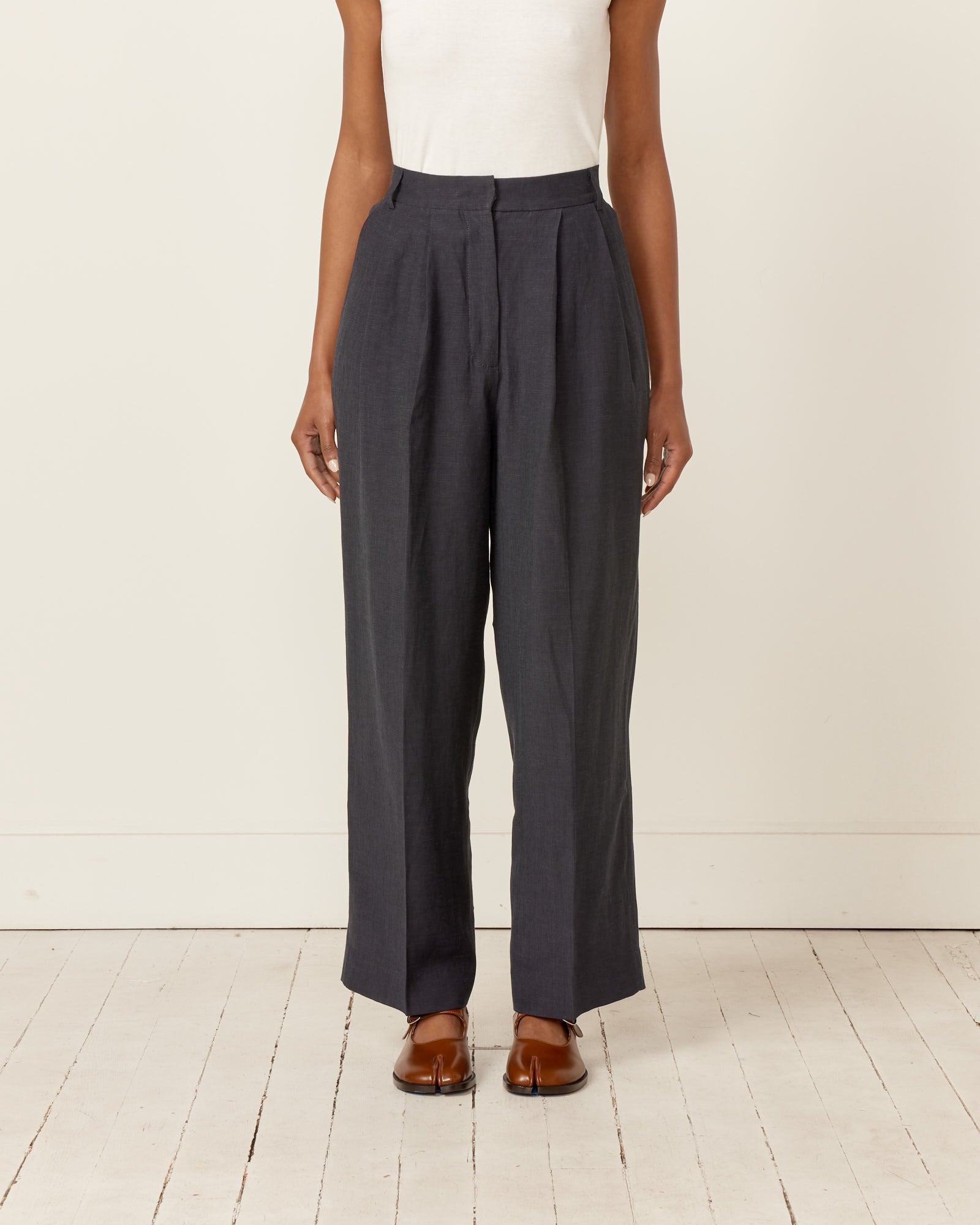 Linen Blend Wide Leg Pants in Navy