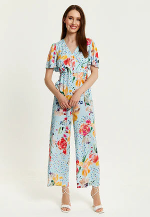 Liquorish Blue Floral Print Jumpsuit With Wide Legs