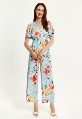 Liquorish Blue Floral Print Jumpsuit With Wide Legs