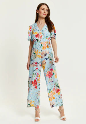 Liquorish Blue Floral Print Jumpsuit With Wide Legs