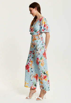 Liquorish Blue Floral Print Jumpsuit With Wide Legs