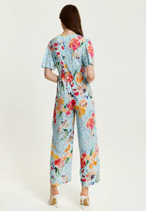 Liquorish Blue Floral Print Jumpsuit With Wide Legs