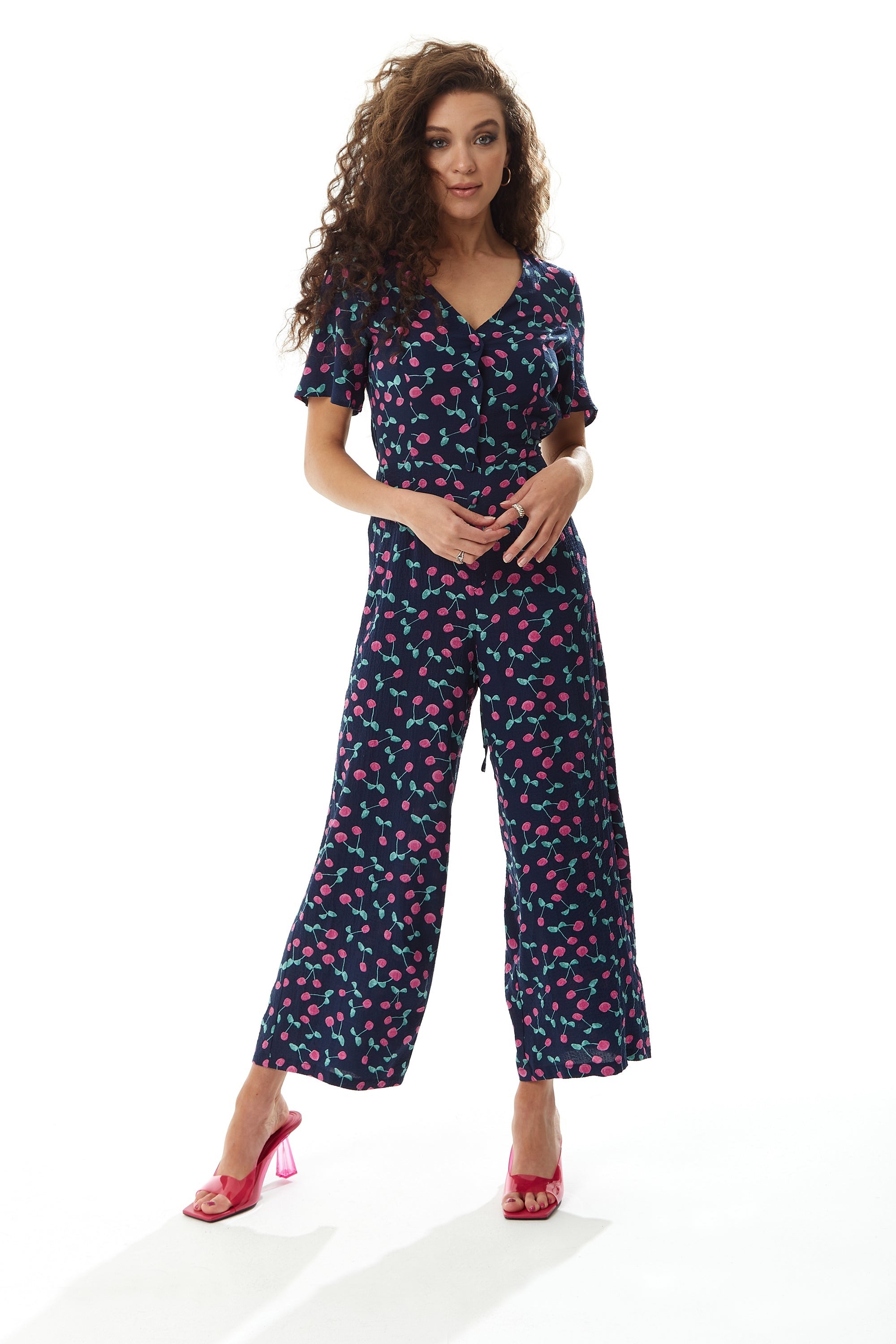 Liquorish Cherry Print Jumpsuit In Navy