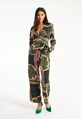 Liquorish Geometric Floral Print Jumpsuit In Dark Green