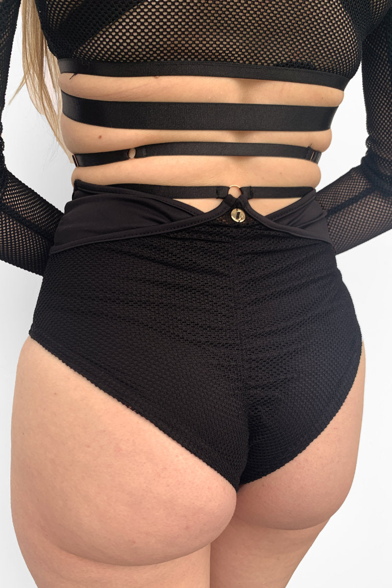 Lunalae Claire Cut Out High Waisted Bottoms - Recycled Black Mesh