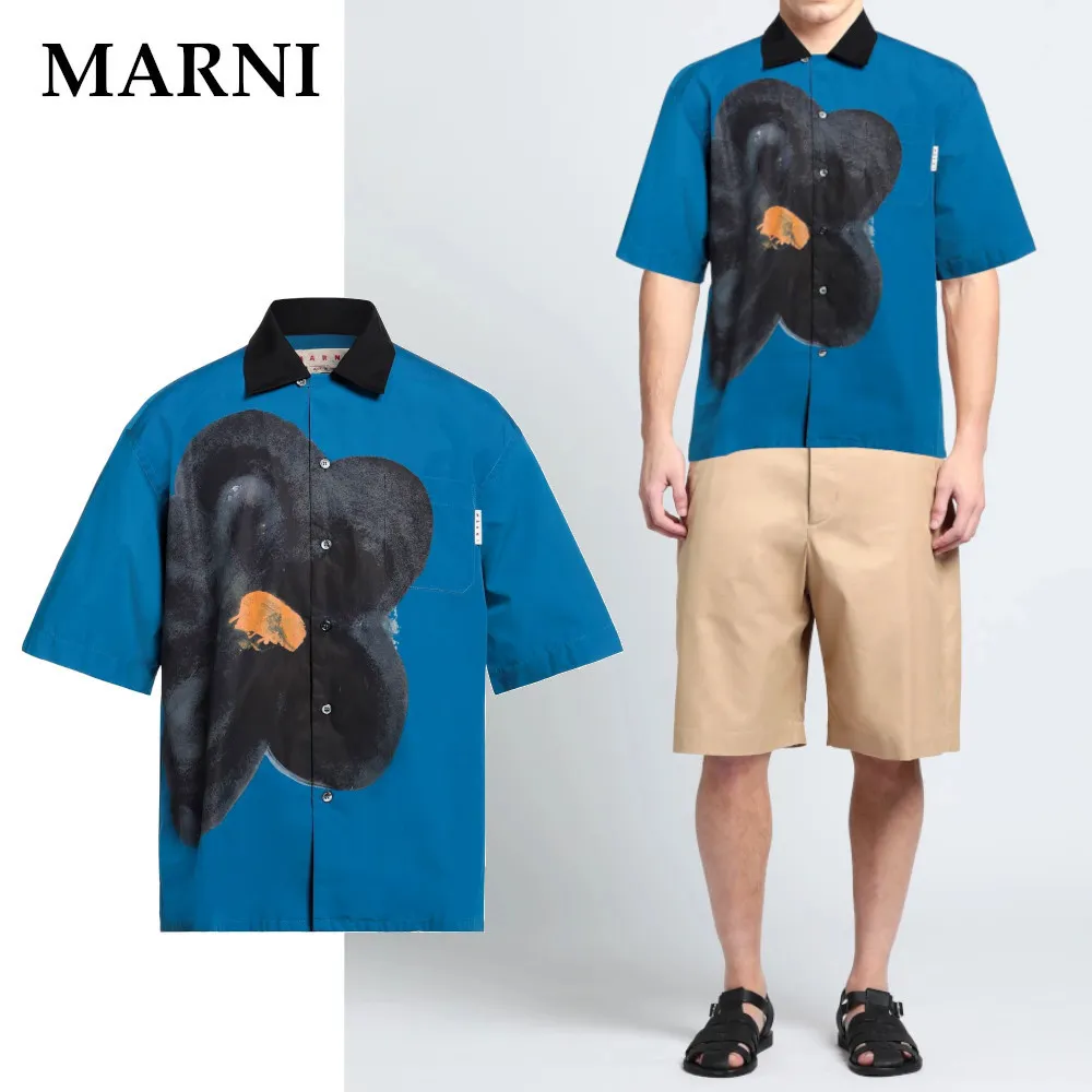 MARNI  |Flower Patterns Cotton Short Sleeves Oversized Logo