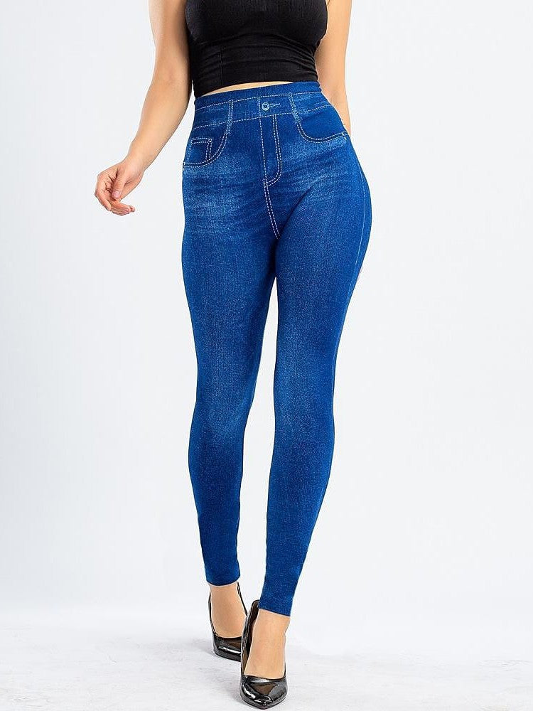 Modern High Waist Faux Denim Leggings for Women, Black and Blue