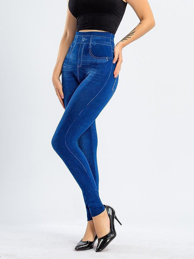 Modern High Waist Faux Denim Leggings for Women, Black and Blue