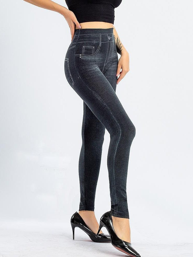 Modern High Waist Faux Denim Leggings for Women, Black and Blue