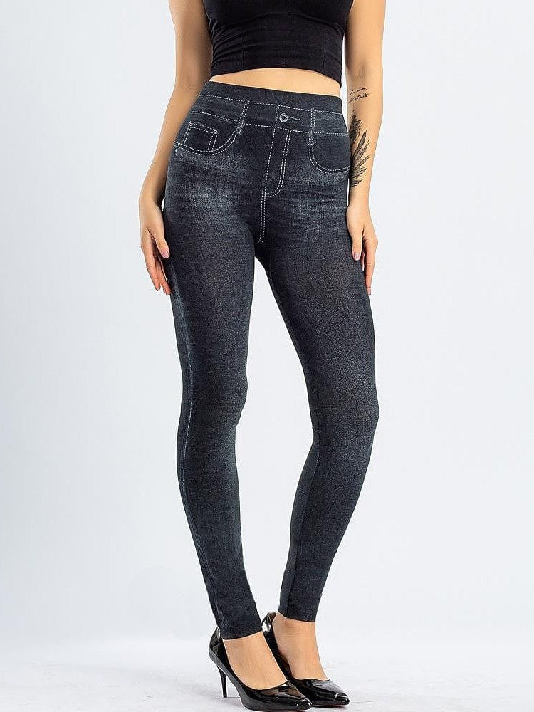 Modern High Waist Faux Denim Leggings for Women, Black and Blue