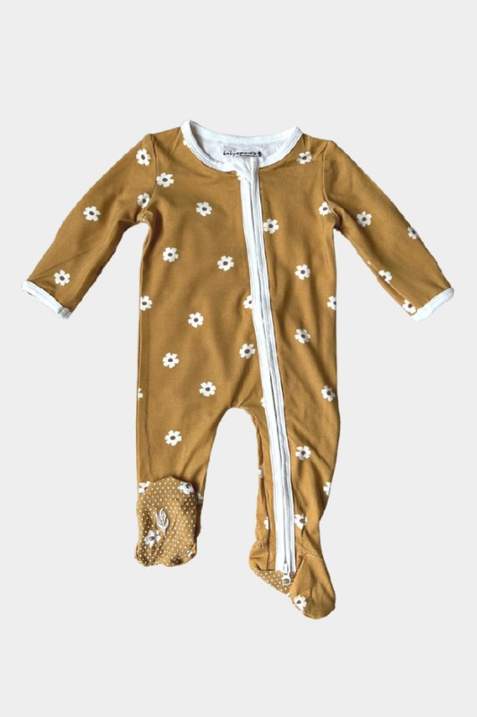 Mustard Floral Baby Footie Romper