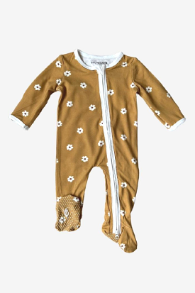 Mustard Floral Baby Footie Romper