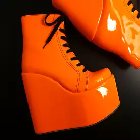 Orange Gloss Black Laces High Heel Platform Wedges