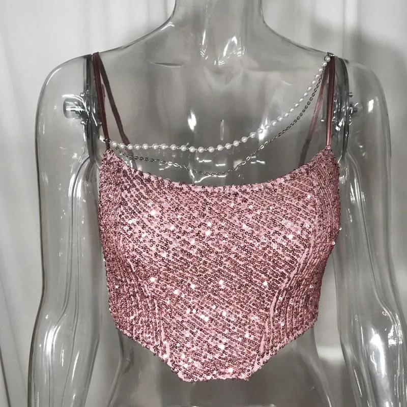 Pearls Chain Sequins Cami Sparkle Club Sequined Women Corset Tops