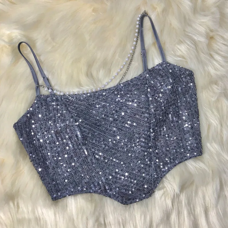 Pearls Chain Sequins Cami Sparkle Club Sequined Women Corset Tops