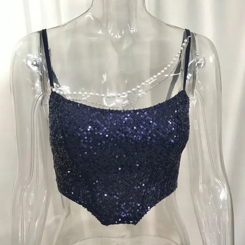 Pearls Chain Sequins Cami Sparkle Club Sequined Women Corset Tops