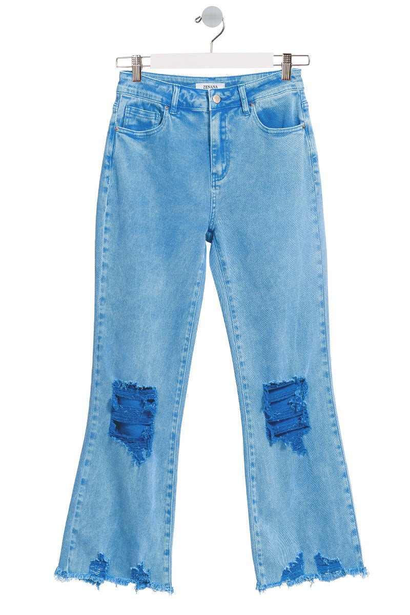 Posey High Waist Destroyed Acid Wash Pants in Ocean Blue