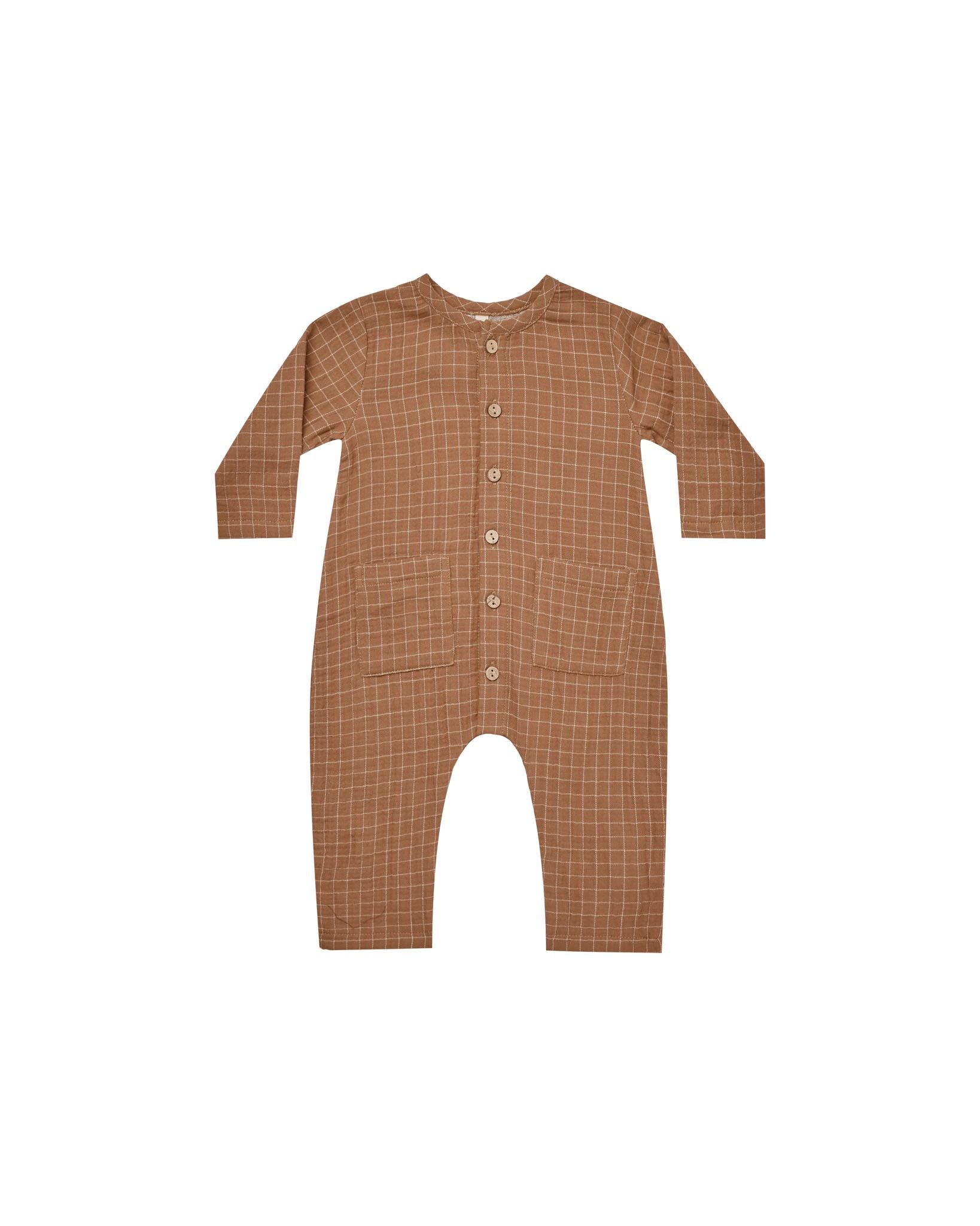 Quincy Mae - Cinnamon Grid Pocketed Woven Jumpsuit