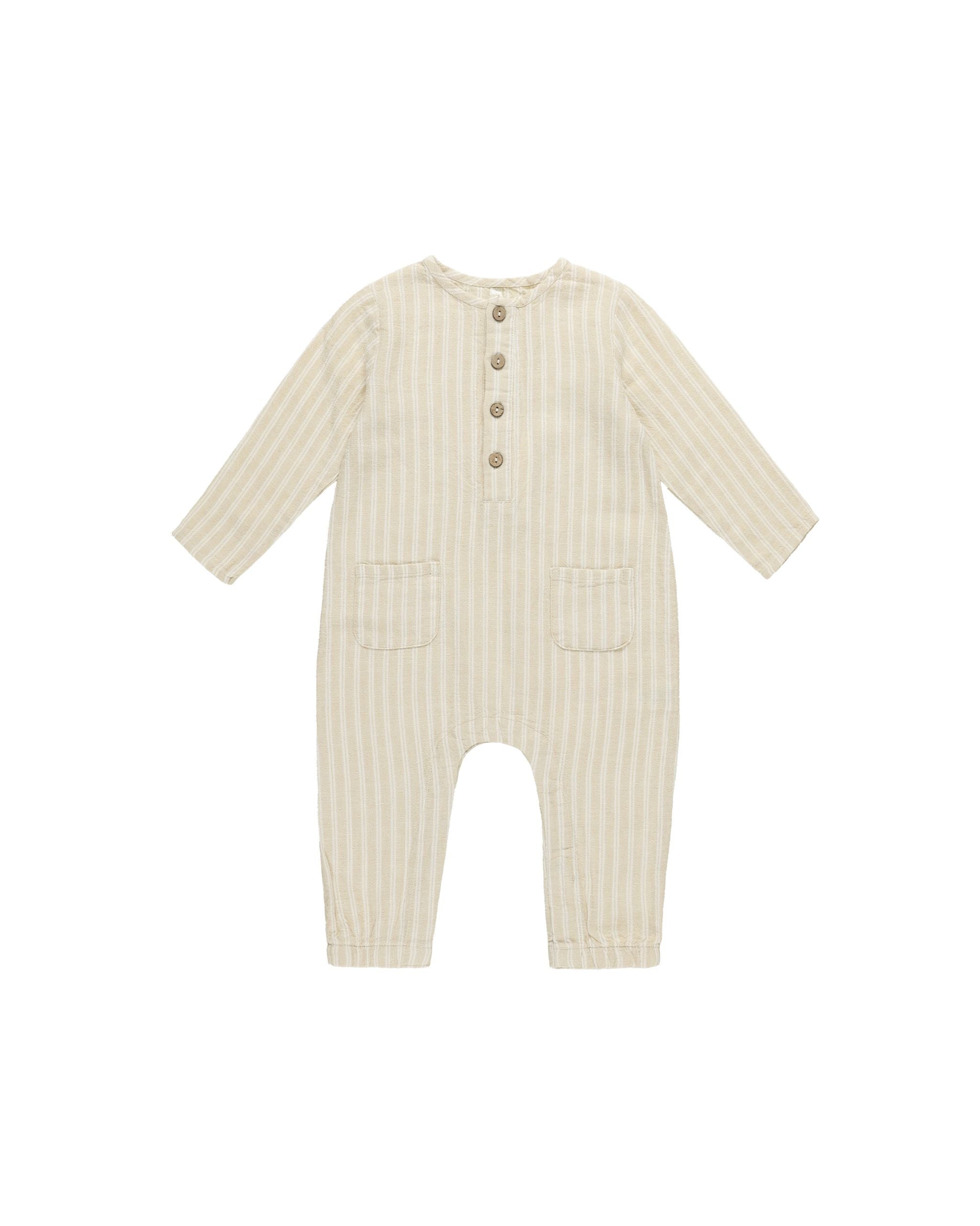 Rylee & Cru - Champagne Stripe Long Sleeve Woven Jumpsuit