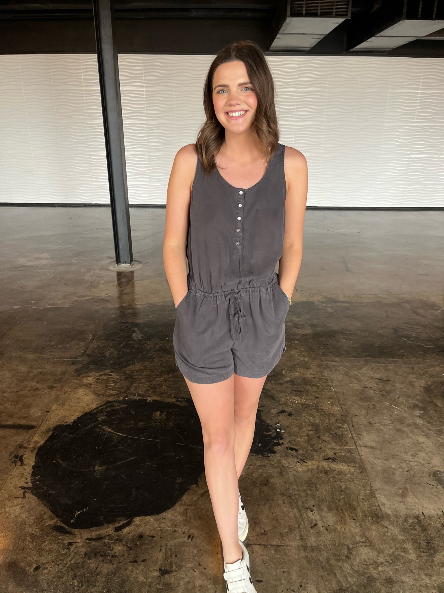 Scoop Neck Sleeveless  Romper - Charcoal