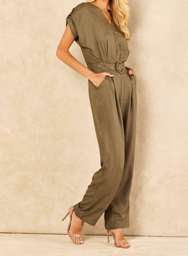 Signage Khaki Short Sleeve Jumpsuit