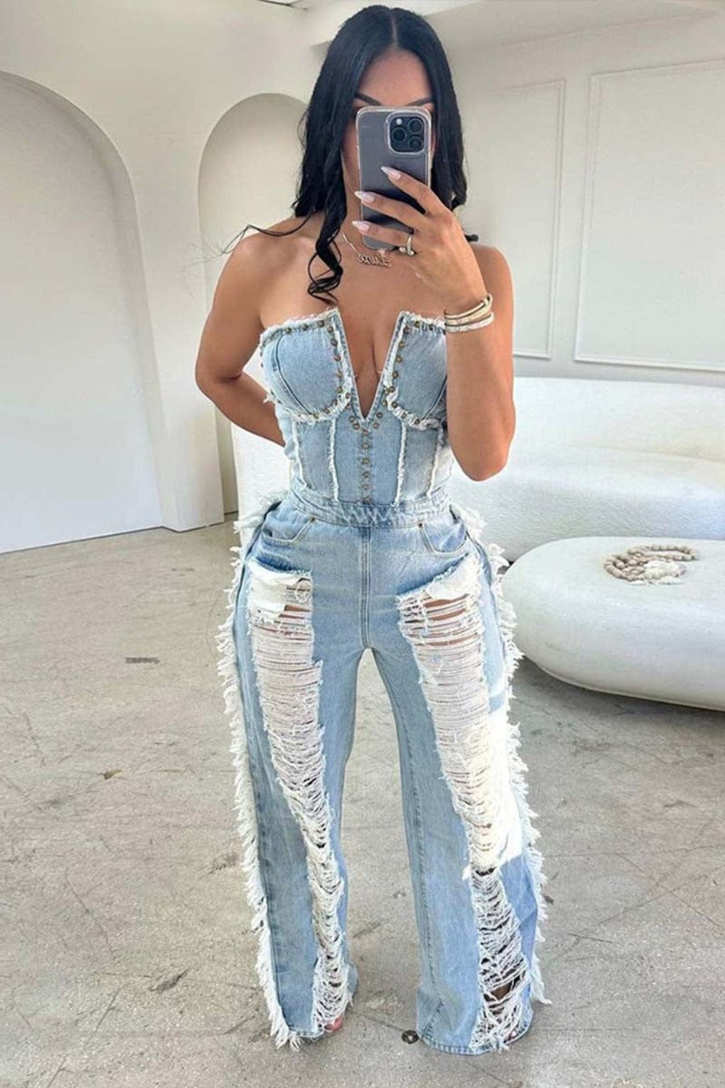 Step Back Distressed Denim Jumpsuit - Light Blue